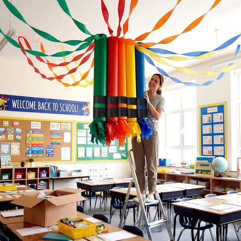5 Sets Rainbow Crayon Classroom Decor Crayon Paper Chain Garland Crepe Streamers Preschool Kindergarten Classroom DIY Crafts Hanging Decor for Back to School Daycare Playroom in Kuwait