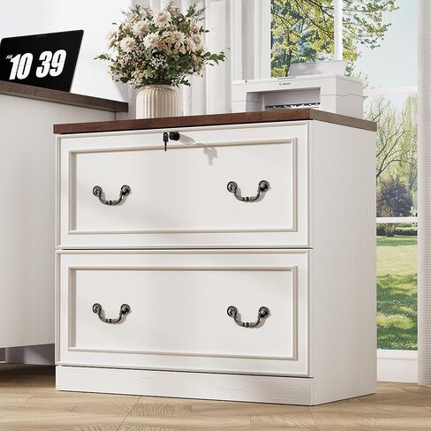 2-Drawer Wood File Cabinet with Lock, Lateral Filing Cabinet for Printer Stand, Home Office File Storage Cabinets for Letter/Legal/A4 Size File Folders, White in Saudi Arabia