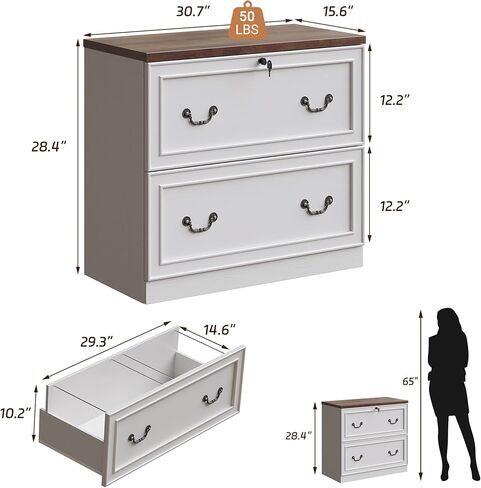 2-Drawer Wood File Cabinet with Lock, Lateral Filing Cabinet for Printer Stand, Home Office File Storage Cabinets for Letter/Legal/A4 Size File Folders, White in Saudi Arabia
