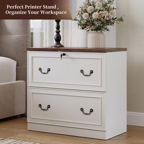 2-Drawer Wood File Cabinet with Lock, Lateral Filing Cabinet for Printer Stand, Home Office File Storage Cabinets for Letter/Legal/A4 Size File Folders, White in Saudi Arabia