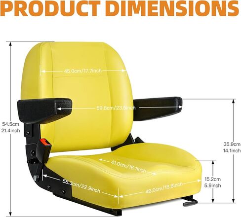 Universal Yellow Tractor Seat,Replacement Zero Turn Mower Seat with Adjustable Armrest, Safety Belt & Micro Switch fits John Deere, Skid Steer, Riding Equipment,Telehandler, Dozer in Kuwait