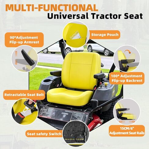 Universal Yellow Tractor Seat,Replacement Zero Turn Mower Seat with Adjustable Armrest, Safety Belt & Micro Switch fits John Deere, Skid Steer, Riding Equipment,Telehandler, Dozer in Kuwait
