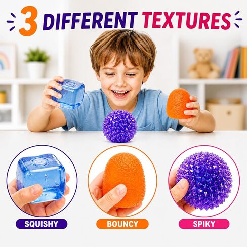 J’Adore 3 Pack Squishy Toys for Kids, Sensory Stress Relief Toys Set, Fun Cube, Gum Droppable & Spiky Orb, Soft Squeeze Fidget Toys for Toddlers Ages 3+, Party Favors & Gifts in Kuwait