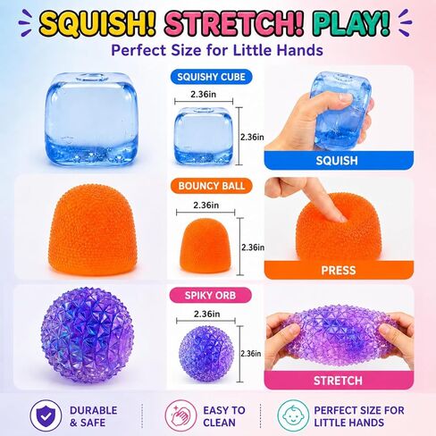 J’Adore 3 Pack Squishy Toys for Kids, Sensory Stress Relief Toys Set, Fun Cube, Gum Droppable & Spiky Orb, Soft Squeeze Fidget Toys for Toddlers Ages 3+, Party Favors & Gifts in Kuwait