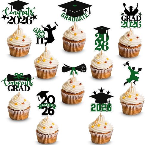 Graduation Decorations 2026, Green and Black Graduation Cake Topper 2026 - Pack of 36 | Graduation Cupcake Toppers 2026, Graduation Cake Toppers 2026, KatchOn in Kuwait