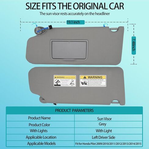 Gray Left Driver Side Sun Visor fit for Honda Pilot 2009 2010 2011 2012 2013 2014 2015 Replacement Sunshade 83280-SZA-A01ZA with Vanity Light/with Makeup Mirror in Saudi Arabia