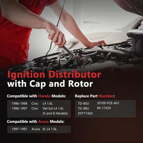 الموزع مع غطاء ودوار TD-80U يناسب 1996 1997 1998 Honda Civic، 1996 1997 Honda Del Sol S & SI، 1997 Acura EL، 1.6L L4، استبدال TD-98U 30100-P2E-A01 30100P2EA01 in Kuwait