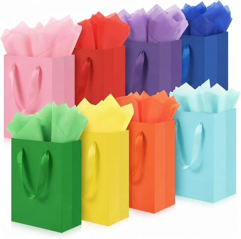 WrapNGo 8 PCS Gift Bags with 16 Tissues 8 Colors Party Favor Bags with Handles 14x4.5x11 Inch Goodie Bags for Valentine's Day, Party,Birthday,Baby Shower,Wedding, School Supplies and Gifts in Kuwait