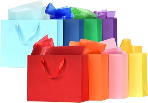 WrapNGo 8 PCS Gift Bags with 16 Tissues 8 Colors Party Favor Bags with Handles 14x4.5x11 Inch Goodie Bags for Valentine's Day, Party,Birthday,Baby Shower,Wedding, School Supplies and Gifts in Kuwait