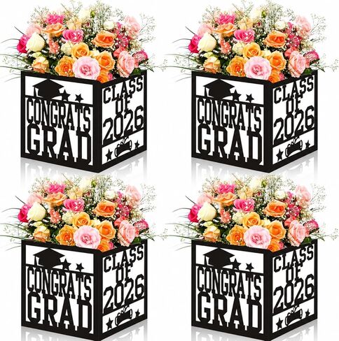4 Pack 7x7x7.5 Inches Black and White Graduation Centerpiece Boxes with Laser-Cut 'Congrats Grad Class of 2026' Lettering, Perfect for Grad Party Favors, Flower Arrangements and Table Decorations in Kuwait