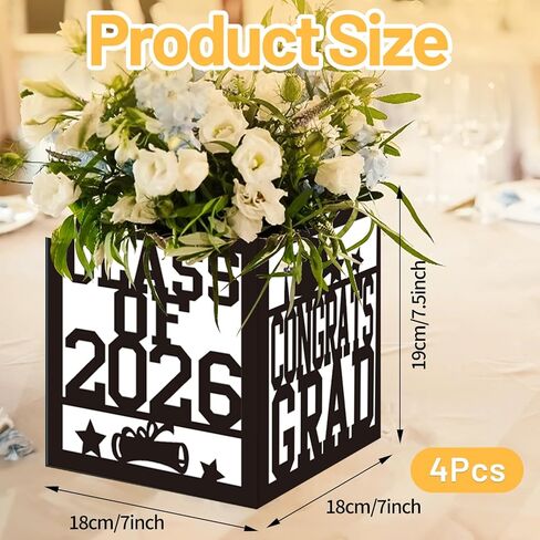 4 Pack 7x7x7.5 Inches Black and White Graduation Centerpiece Boxes with Laser-Cut 'Congrats Grad Class of 2026' Lettering, Perfect for Grad Party Favors, Flower Arrangements and Table Decorations in Kuwait