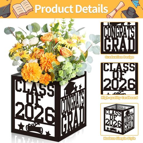 4 Pack 7x7x7.5 Inches Black and White Graduation Centerpiece Boxes with Laser-Cut 'Congrats Grad Class of 2026' Lettering, Perfect for Grad Party Favors, Flower Arrangements and Table Decorations in Kuwait