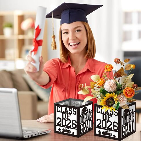 4 Pack 7x7x7.5 Inches Black and White Graduation Centerpiece Boxes with Laser-Cut 'Congrats Grad Class of 2026' Lettering, Perfect for Grad Party Favors, Flower Arrangements and Table Decorations in Kuwait