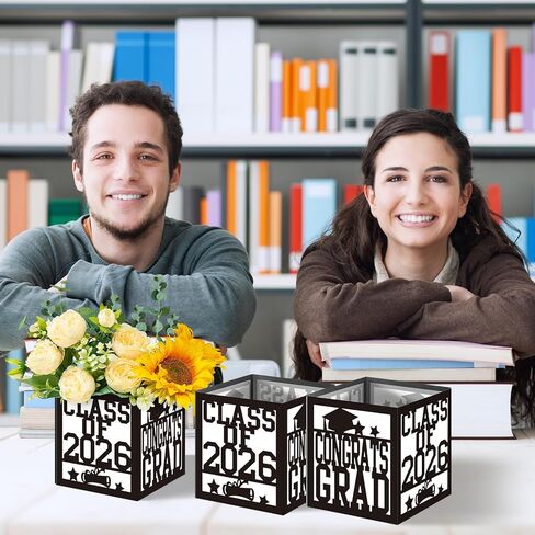 4 Pack 7x7x7.5 Inches Black and White Graduation Centerpiece Boxes with Laser-Cut 'Congrats Grad Class of 2026' Lettering, Perfect for Grad Party Favors, Flower Arrangements and Table Decorations in Kuwait