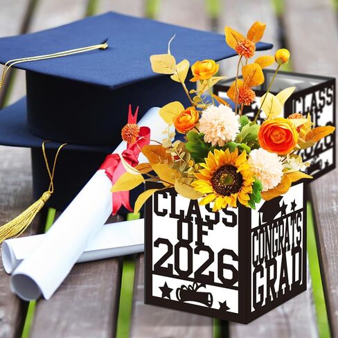 4 Pack 7x7x7.5 Inches Black and White Graduation Centerpiece Boxes with Laser-Cut 'Congrats Grad Class of 2026' Lettering, Perfect for Grad Party Favors, Flower Arrangements and Table Decorations in Kuwait