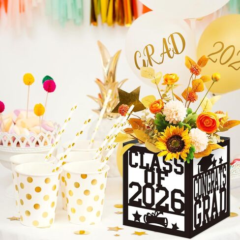 4 Pack 7x7x7.5 Inches Black and White Graduation Centerpiece Boxes with Laser-Cut 'Congrats Grad Class of 2026' Lettering, Perfect for Grad Party Favors, Flower Arrangements and Table Decorations in Kuwait