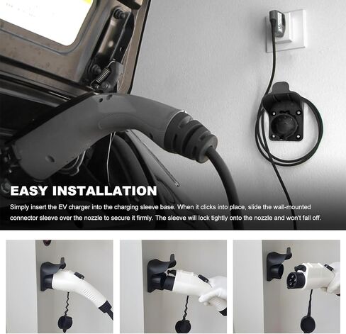 Sun Walker EV Charger Holder, SAE J1772 Wall-Mount Charging Plug Cord Hanger with Screws & Wall Anchors, Space-Saving Electric Vehicle Nozzle Holster Dock for Outdoor Indoor Use in Kuwait