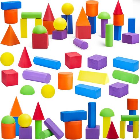Wettarn 24 Pack 3D Shapes for Teaching Foam Geometric Solid Blocks Kids Math Manipulatives Multicolor Learning Toys Geometry Games for Preschool Elementary Kindergarten Home School Supplies, 12 Shape in Kuwait