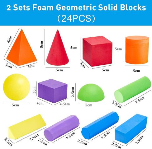 Wettarn 24 Pack 3D Shapes for Teaching Foam Geometric Solid Blocks Kids Math Manipulatives Multicolor Learning Toys Geometry Games for Preschool Elementary Kindergarten Home School Supplies, 12 Shape in Kuwait
