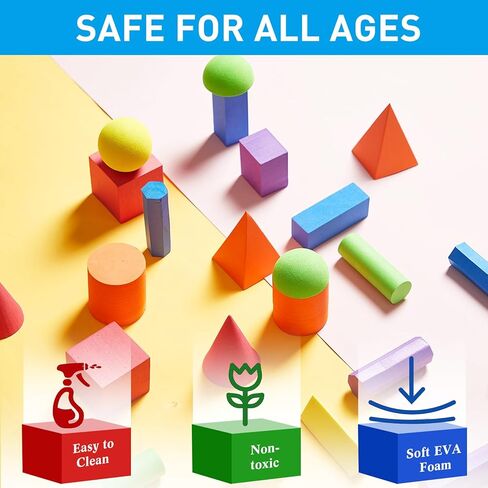 Wettarn 24 Pack 3D Shapes for Teaching Foam Geometric Solid Blocks Kids Math Manipulatives Multicolor Learning Toys Geometry Games for Preschool Elementary Kindergarten Home School Supplies, 12 Shape in Kuwait