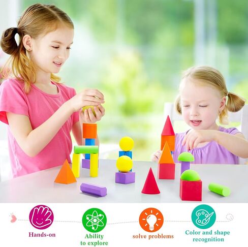 Wettarn 24 Pack 3D Shapes for Teaching Foam Geometric Solid Blocks Kids Math Manipulatives Multicolor Learning Toys Geometry Games for Preschool Elementary Kindergarten Home School Supplies, 12 Shape in Kuwait