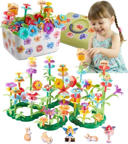 Flower Garden Building Toys, 194 Pcs STEM Educational Block Set for Toddlers Ages 3-5, Non-Toxic Stacking Playset with Storage Box, Birthday for Preschool Kids in Kuwait
