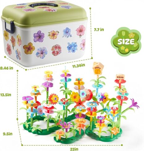 Flower Garden Building Toys, 194 Pcs STEM Educational Block Set for Toddlers Ages 3-5, Non-Toxic Stacking Playset with Storage Box, Birthday for Preschool Kids in Kuwait