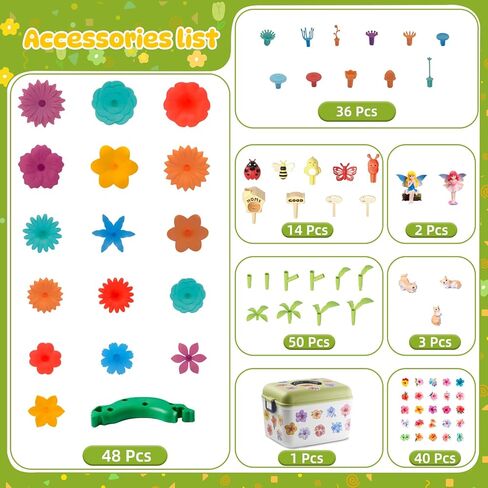 Flower Garden Building Toys, 194 Pcs STEM Educational Block Set for Toddlers Ages 3-5, Non-Toxic Stacking Playset with Storage Box, Birthday for Preschool Kids in Kuwait