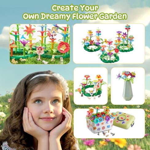 Flower Garden Building Toys, 194 Pcs STEM Educational Block Set for Toddlers Ages 3-5, Non-Toxic Stacking Playset with Storage Box, Birthday for Preschool Kids in Kuwait