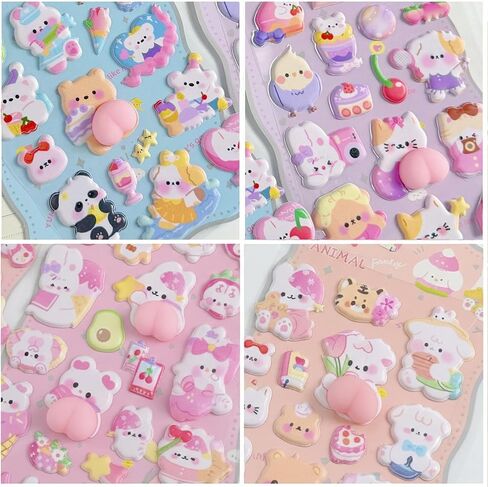 Cute 3D Stickers Bubble Foam Puffy Stickers 80+ Kawaii Animal Cartoon Decorative Decals, DIY Decor for Scrapbooks, Phone Cases, Notebooks, Water Bottles (4 Sheets) in Saudi Arabia