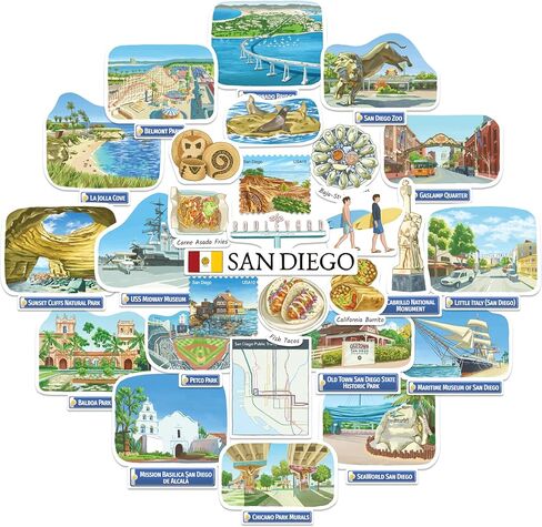 Navy Peony Sunny San Diego Travel Stickers - Hand-Illustrated Gouache, Matte, Die Cut - for Journals, Scrapbooks, Postcards (28 Pcs) in Kuwait