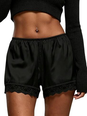 Women's Lace Mini Shorts Shiny Elastic Waist Satin Silk French Style Lounge Bottoms Sleepwear in Saudi Arabia