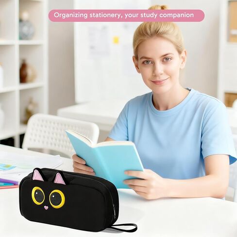 مقلمة للقطط، حقيبة أقلام، سعة كبيرة، منظم قرطاسية محمول، تصميم قطة سوداء مطرزة بشكل لطيف، حقيبة تخزين متعددة الأغراض للوازم الفنية، الاستخدام المكتبي in Kuwait