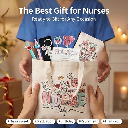BESARME Nurse Gifts Set for Women, Nurse Essentials Graduation Gifts with Canvas Tote Bag, Keychain, Badge Reel Clips, Pens, Pouch, Greeting Card - Nurse Appreciation Gift in Kuwait