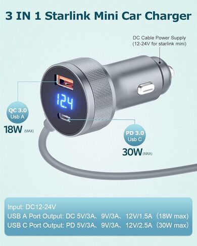 محول سيارة صغير Starlink 3M/10FT 3 في 1 كابل Starlink Mini 12V-24V DC شاحن سيارة ولاعة سجائر سلك طاقة مع شاشة رقمية USB C PD 30W & USB A QC 3.0 18W مقاوم للماء للشاحنات والسيارات in Saudi Arabia