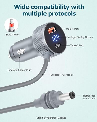 محول سيارة صغير Starlink 3M/10FT 3 في 1 كابل Starlink Mini 12V-24V DC شاحن سيارة ولاعة سجائر سلك طاقة مع شاشة رقمية USB C PD 30W & USB A QC 3.0 18W مقاوم للماء للشاحنات والسيارات in Saudi Arabia