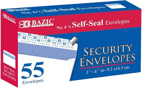 BAZIC Products Security Self Seal and Peel Envelopes – #6 3 5/8 x 6 1/2 in Plain White Envelopes, No Window Tint Pattern, Mailing Supplies for Checks & Invoices, Office Supplies, 55/Pack, 1-Pack in Kuwait