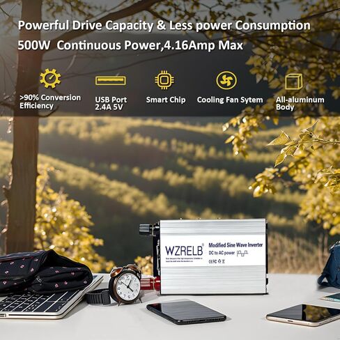 WZRELB 500W عاكس الطاقة 12V DC إلى 110V 120V AC، عاكس سيارة موجة جيبية معدلة للمركبات مع شاشة LED، منفذ USB 5V/2.4A، بداية ناعمة، محول طاقة خارج الشبكة بكفاءة عالية تصل إلى 90% in Kuwait