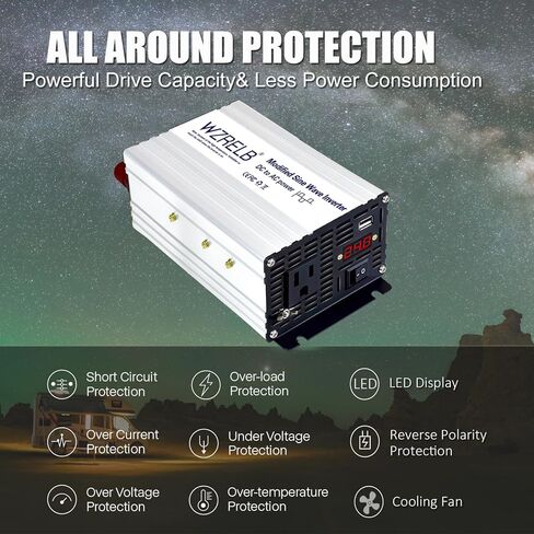 WZRELB 500W عاكس الطاقة 12V DC إلى 110V 120V AC، عاكس سيارة موجة جيبية معدلة للمركبات مع شاشة LED، منفذ USB 5V/2.4A، بداية ناعمة، محول طاقة خارج الشبكة بكفاءة عالية تصل إلى 90% in Kuwait