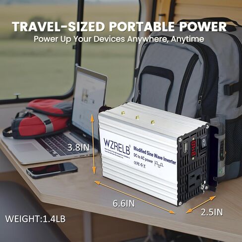 WZRELB 500W عاكس الطاقة 12V DC إلى 110V 120V AC، عاكس سيارة موجة جيبية معدلة للمركبات مع شاشة LED، منفذ USB 5V/2.4A، بداية ناعمة، محول طاقة خارج الشبكة بكفاءة عالية تصل إلى 90% in Kuwait