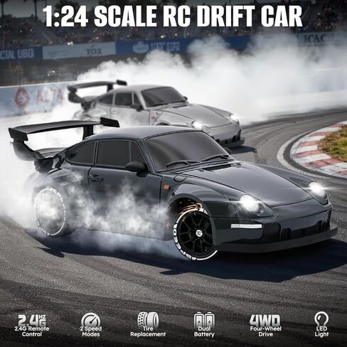 RC Drift Car,1:24 Scale Remote Control Car, 2.4GHz 20KM/H 4WD High Speed RC Cars for Kids with LED Light, Two Batteries,Drifting Tires,Racing Vehicle Toy for Adults Boys Girls Gray in Kuwait