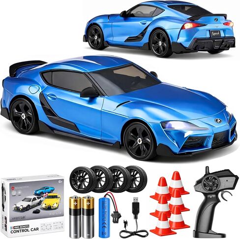 IntelLock 1:24 RTR RC Drift Car with Scratch-Free Drift Tires, 4WD High-Speed JDM, 2 Rechargeable Batteries, LED Lights, 2.4GHz Remote Control Car for Kids & Adults, Indoor/Outdoor (Blue 2) in Kuwait