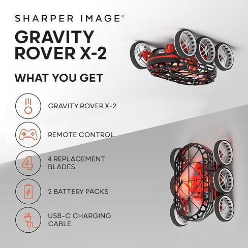 Sharper Image RC Rover X-2، جهاز تسلق الجدران والسقف، بطاريتان قابلتان لإعادة الشحن + 4 مراوح إضافية، جهاز تحكم لاسلكي 2.4 جيجا هرتز، سيارة Stunt Space Rover، أضواء LED، لعبة داخلية سهلة للأطفال in Kuwait