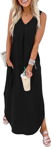 OFEEFAN Maxi Dresses for Women 2026 Loose V Neck Sleeveless Casual Beach Vacation Dress Side Slit Sundresses with Pockets in Saudi Arabia