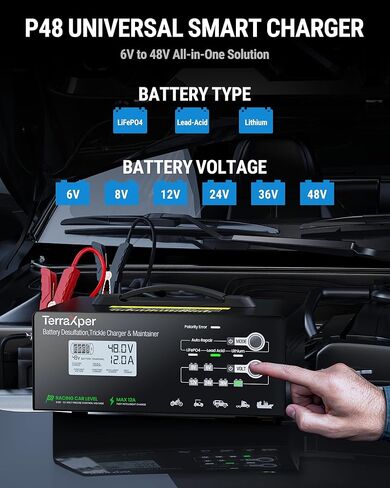 P48 Professional-Grade Universal Smart Battery Charger | 6V 8V 12V 24V 36V 48V All-in-One | 98% Efficiency | LiFePO4, Lithium-ion & Lead-Acid Compatible | 12A Output | Dead Battery Revival in Saudi Arabia