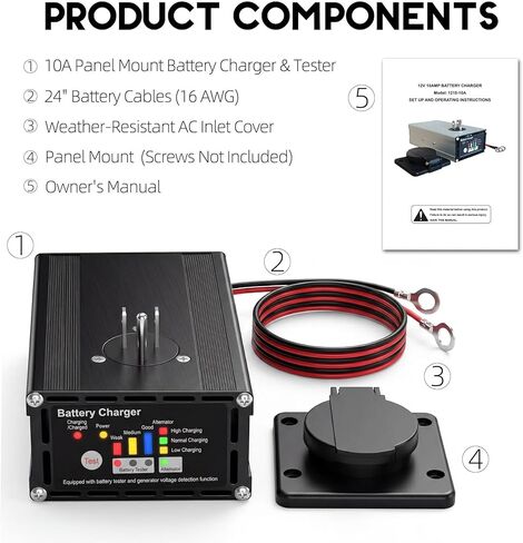 10A 12V Panel Mount Trailer Battery Charger & Tester for Dump Trailers, RVs, Marine (Boats) – Smart 3-Step Charging, LED Battery & Alternator Status, Weather-Resistant, Dump Trailer Accessories in Saudi Arabia