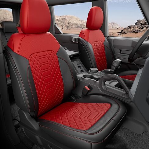FREESOO Custom Fit Seat Covers for Ford Bronco 4Door 2021-2026, Faux Leather, Durable, Breathable, 4‑Layer Waterproof, F/R Headrest, Airbag Deployment Compatible - Black Red, Full Set W/O Rear Armrest in Kuwait