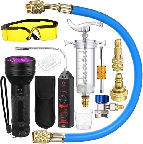 طقم كاشف التسرب من Tellegloww R1234yf R134a R410a مجموعة حاقنات الزيت والصبغ 30 مل/1 أونصة، ضاغط دفع يدوي، حاقن صبغ، أداة كاشف تسرب المبردات، قارنة توصيل سريعة، نظارات مصباح يدوي للأشعة فوق البنفسجية in Kuwait