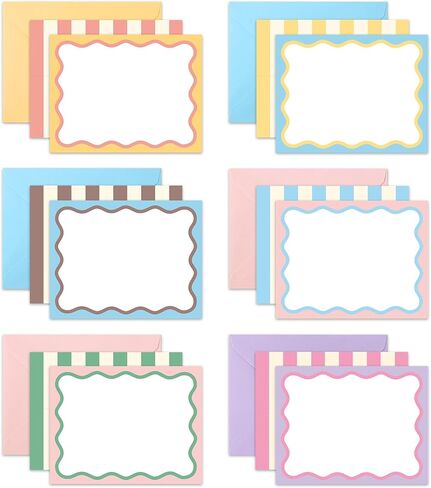 JarThenaAMCS 60 Pcs Flat Blank Notes with Envelopes 6 Colors Stripes Wavy Border Stationery Set Pastel Squiggled Non Folding Note Cards for Baby Shower Birthday Wedding Invitation Thank You Notes in Kuwait