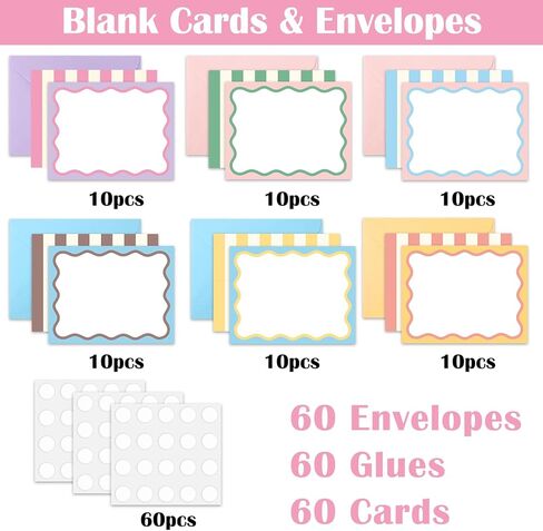 JarThenaAMCS 60 Pcs Flat Blank Notes with Envelopes 6 Colors Stripes Wavy Border Stationery Set Pastel Squiggled Non Folding Note Cards for Baby Shower Birthday Wedding Invitation Thank You Notes in Kuwait
